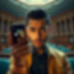 A person looking worried while holding a smartphone displaying cryptocurrency symbols, with a backdrop of a courtroom representing legal issues.