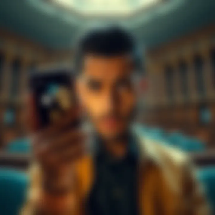 A person looking worried while holding a smartphone displaying cryptocurrency symbols, with a backdrop of a courtroom representing legal issues.