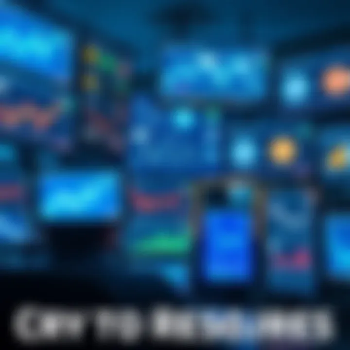 A person looking at various digital screens displaying cryptocurrency charts and websites