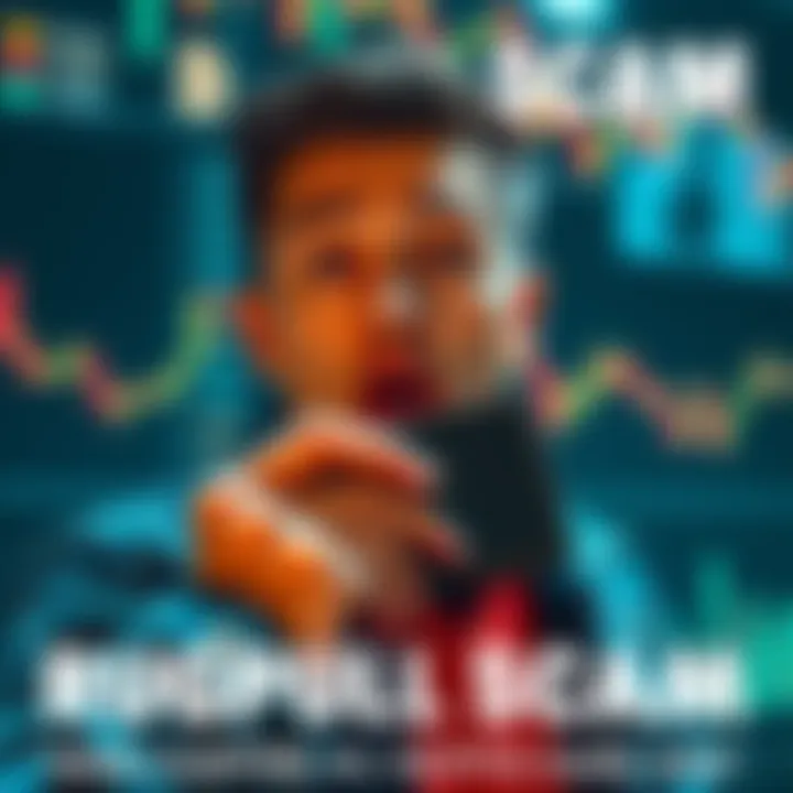 A visual representation of a rugpull scam in cryptocurrency, showing a person looking shocked while observing declining crypto charts with a wallet in hand.