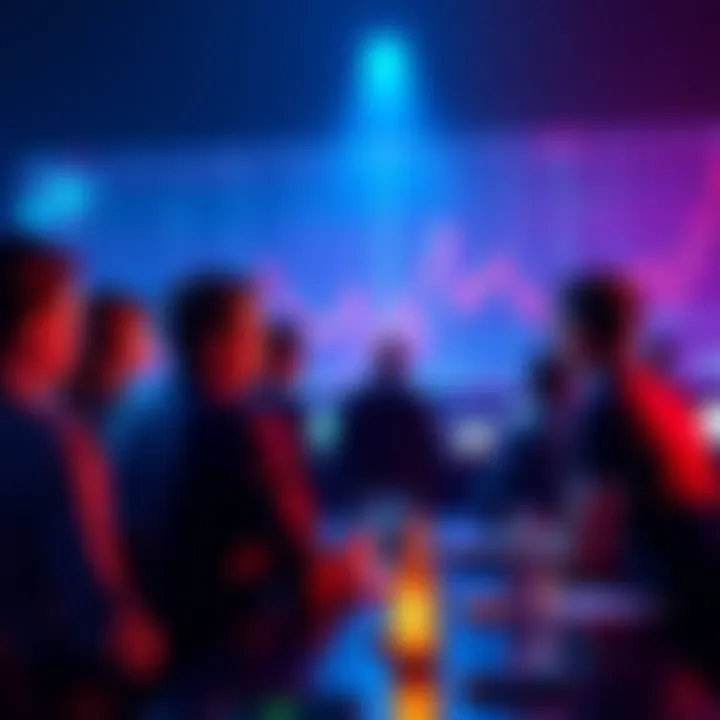 Crypto Safety Tips A group of people discussing cryptocurrency safety tips with charts and digital currency images in the background.