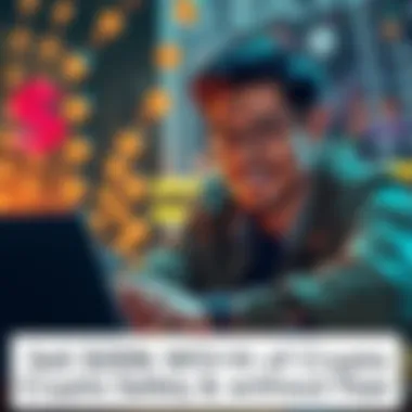 A person looking satisfied while using a laptop to sell cryptocurrency safely, with currency symbols in the background.