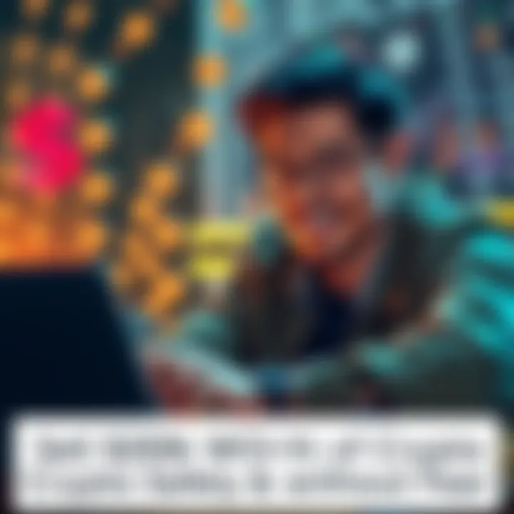 A person looking satisfied while using a laptop to sell cryptocurrency safely, with currency symbols in the background.