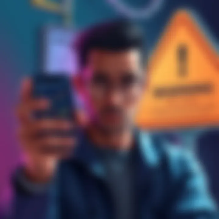 A person looking worried while holding a phone displaying cryptocurrency charts, symbolizing concern over potential scams, with a warning sign in the background.
