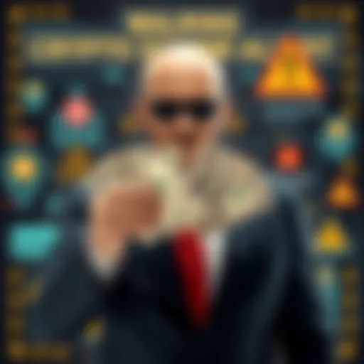 A depiction of a man representing a crypto scammer, wearing a suit and holding fake dollar bills, with a digital background featuring blockchain icons, warning markers, and text about scams.