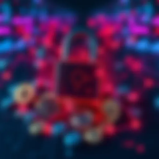 A digital lock with cryptocurrency symbols around it, representing security measures for crypto holdings.
