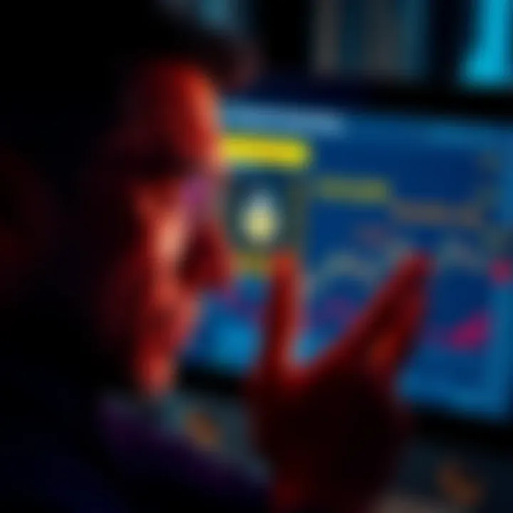 Crypto Security Concerns A worried person looking at a digital screen displaying cryptocurrency values and quantum computing symbols, illustrating the threat to crypto security.