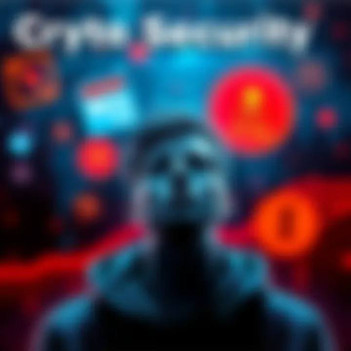 A graphic showing a person worried about crypto security, with icons of phishing sites and malware around them, highlighting the dangers of scams.