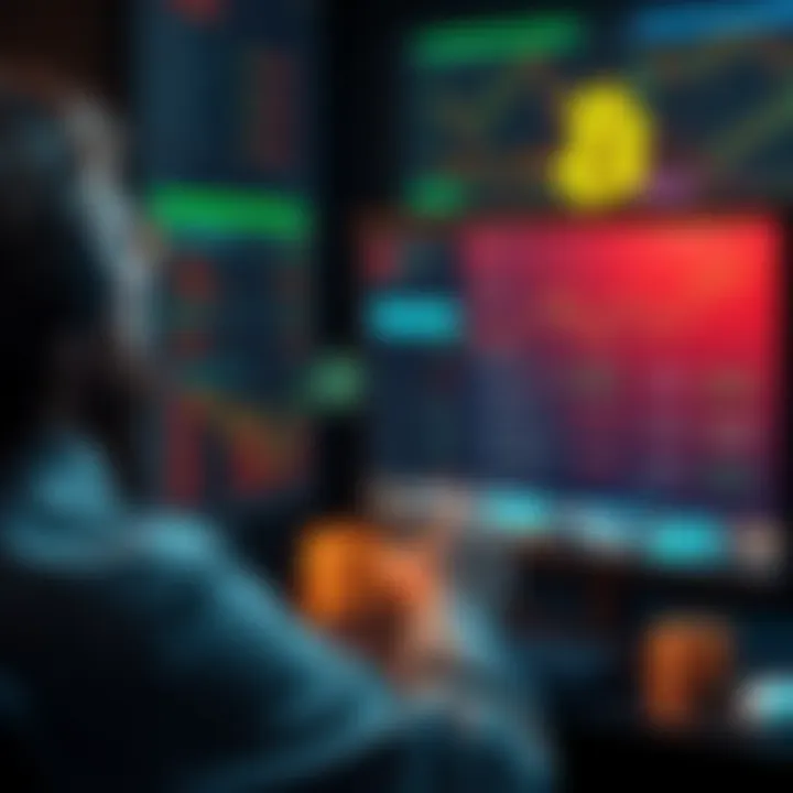 A person looking at a computer screen displaying cryptocurrency prices and selling options, with money symbols around.
