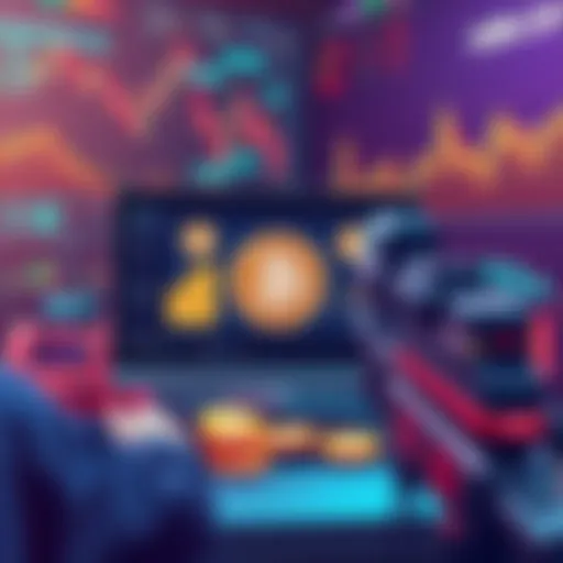 A digital illustration showing an automated tool scanning meme coins on a computer screen with graphs and charts in the background