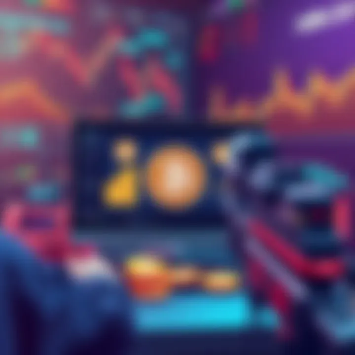 A digital illustration showing an automated tool scanning meme coins on a computer screen with graphs and charts in the background