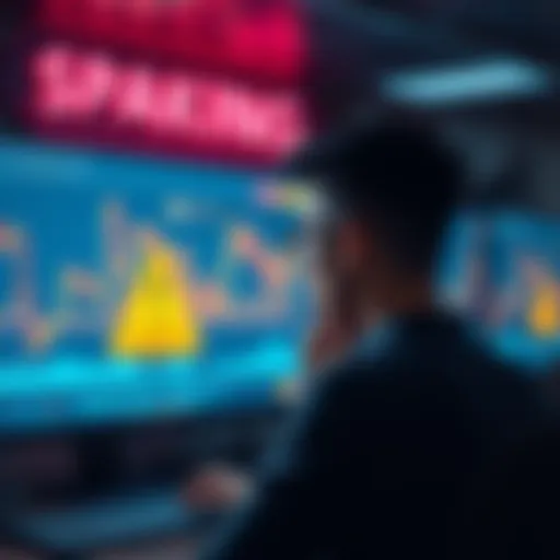 A worried person looking at a computer screen displaying cryptocurrency graphs and warning signs about staking risks.