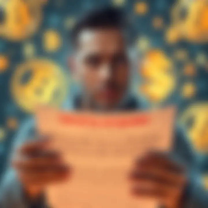 A person looking worried while reading a suspicious message about high returns on cryptocurrency staking. The background shows digital currency symbols.