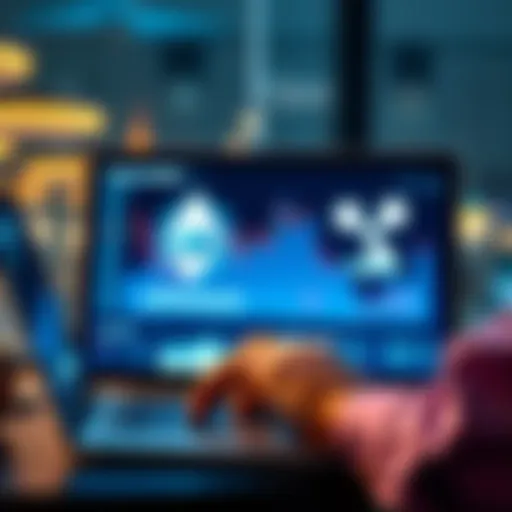 A person analyzing crypto trends on a laptop with Ethereum and Ripple logos displayed on the screen, symbolizing investment strategies.