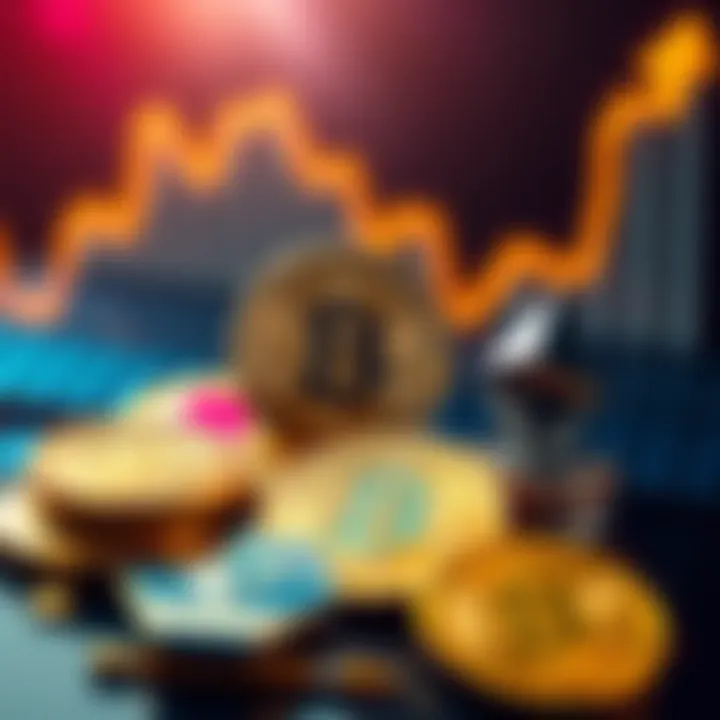 A visual representation of various cryptocurrencies like Hbar, Algorand, and Ethereum with a background of upward trending graphs, symbolizing investment growth.