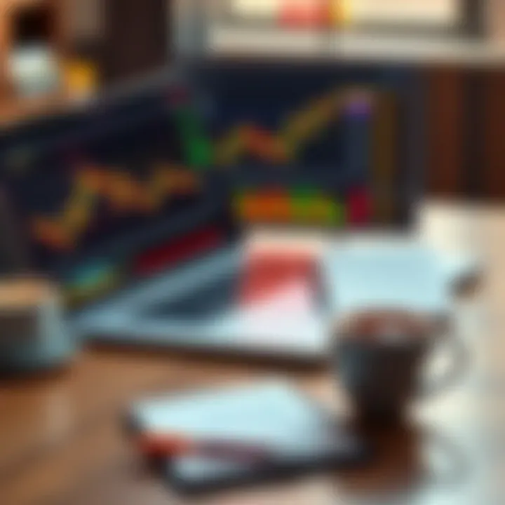 A trader analyzing cryptocurrency charts on a laptop with notes and a coffee cup nearby, symbolizing strategy development.