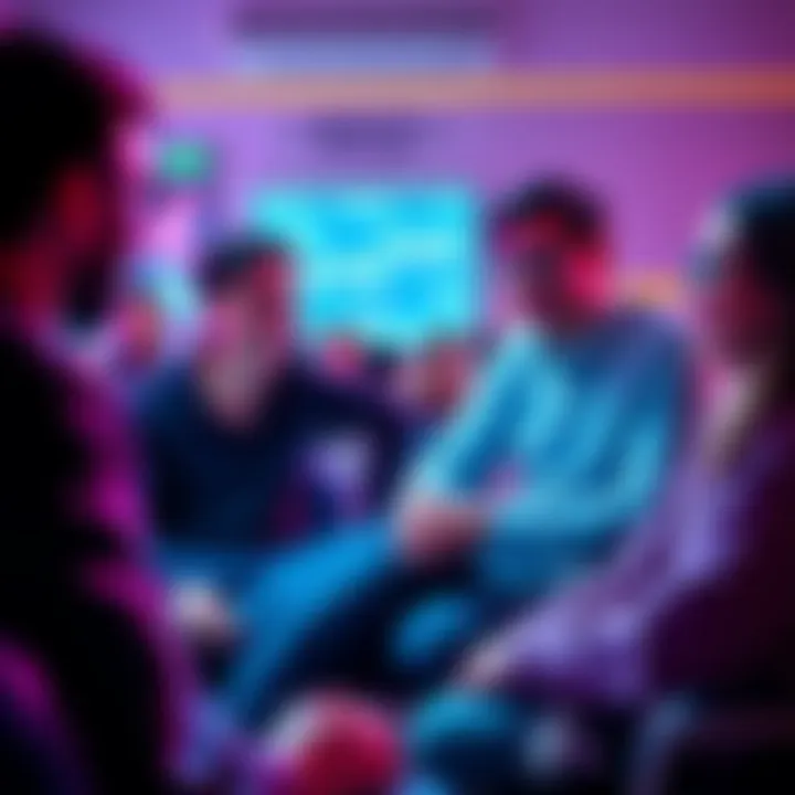 A group of people sitting together, discussing and sharing tips on managing stress related to cryptocurrency. They look engaged and positive.