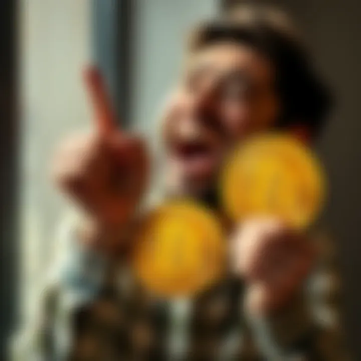 A person with a joyful expression holding a Bitcoin symbol, representing unexpected financial gains from a risky crypto loan.