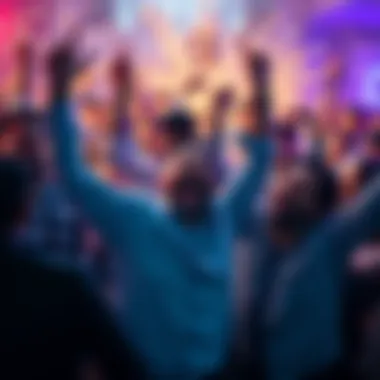 Group of people joyfully celebrating their financial success from cryptocurrency investments.