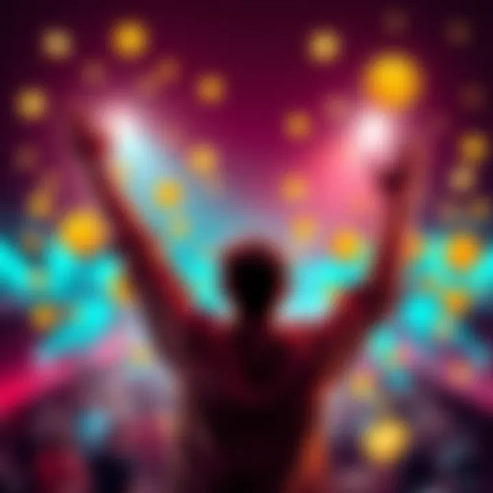 An individual joyfully raising their arms in celebration, surrounded by digital currency symbols, representing a successful investment journey in cryptocurrencies.