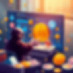 An illustration showing a user swapping cryptocurrencies using a bot and API on a digital interface with various crypto icons around.