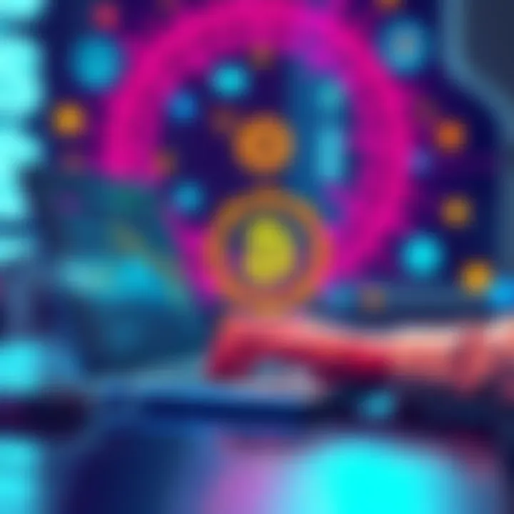 A person using a laptop to swap cryptocurrency assets on a digital platform without KYC verification, surrounded by crypto icons and symbols.