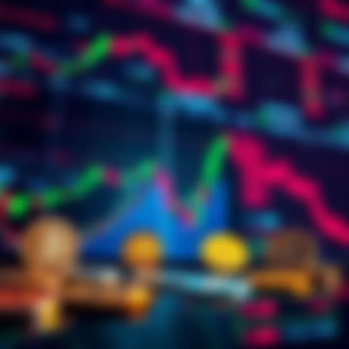 Various cryptocurrency symbols displayed alongside financial charts showing stock performance