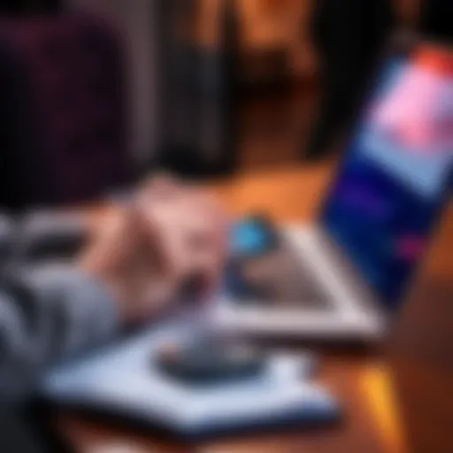 A person using a crypto tax calculator on a laptop with a notebook and calculator nearby, looking for tax information.