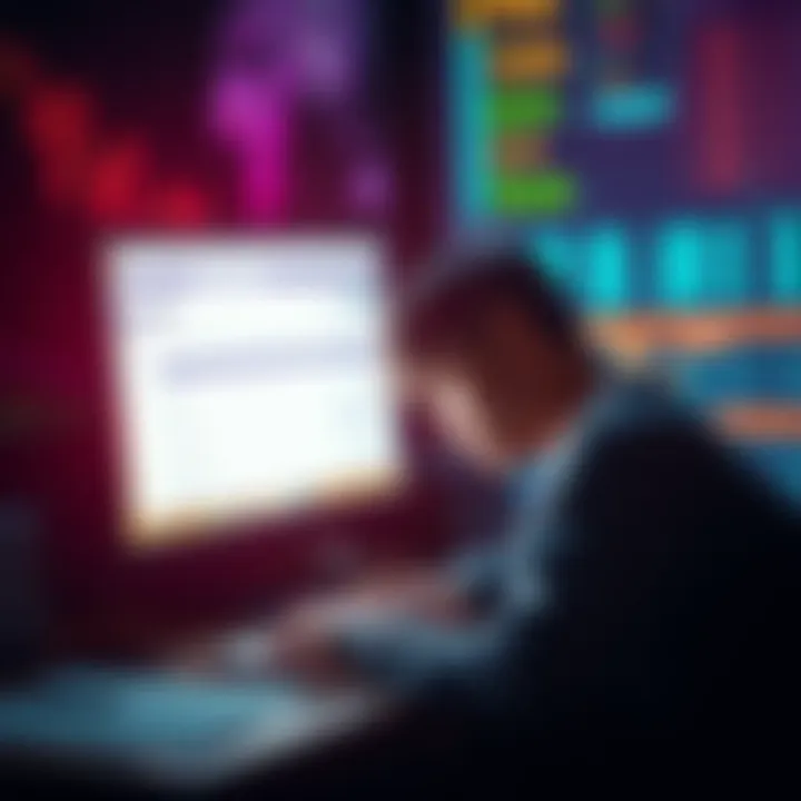 A frustrated person looking at a computer screen filled with tax forms and cryptocurrency data, representing the struggle of managing crypto taxes across platforms.
