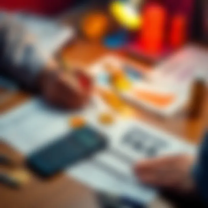 A person filling out tax forms with cryptocurrency symbols, papers, and a calculator on a desk