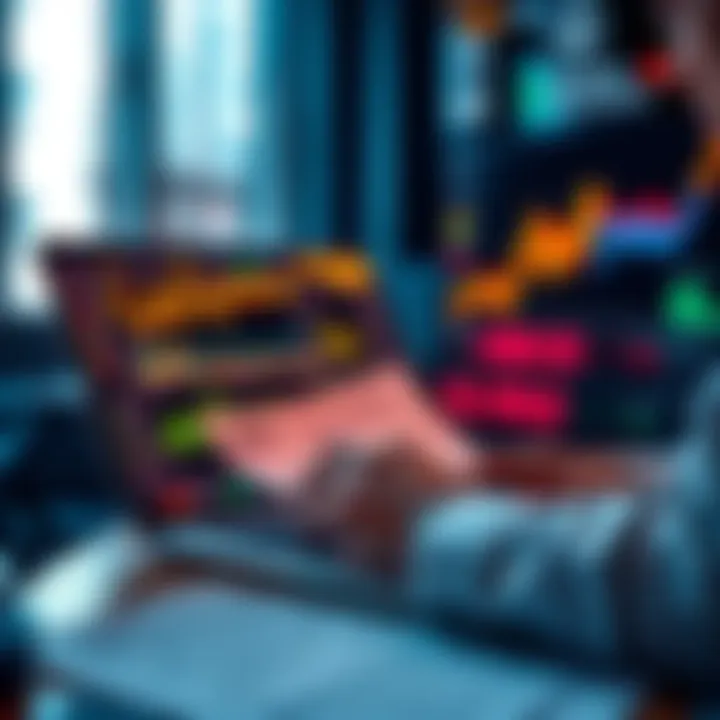 A person analyzing crypto trading data on a laptop with charts and tax documents displayed