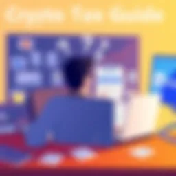 Crypto Tax Guide Illustration showing a person sitting at a desk with a laptop, looking at crypto tax documents and charts while confused, with Koinly logo visible on the screen.