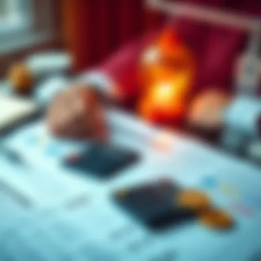 A person reviewing financial documents on a desk with a calculator and crypto tokens.