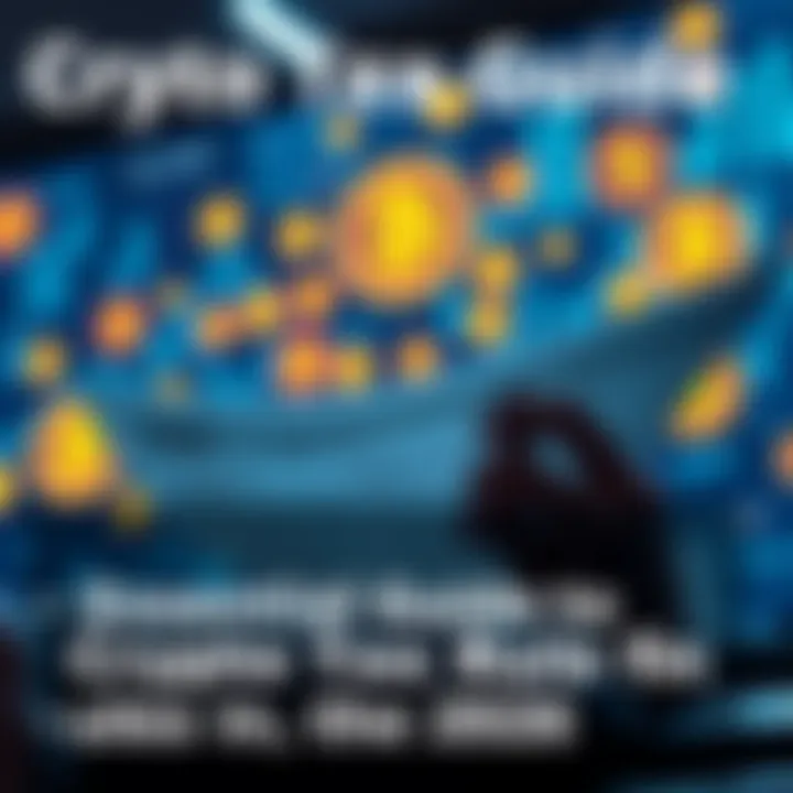 A person reviewing tax documents with cryptocurrency symbols in the background