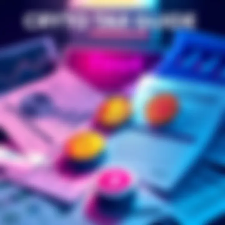 Illustration showing charts and documents related to cryptocurrency taxes, including cost basis and transaction data recovery