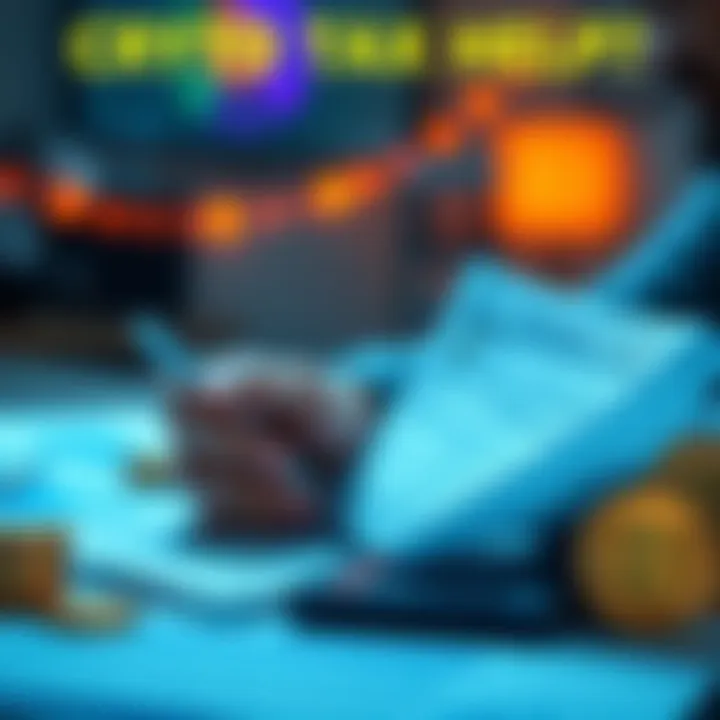 A person looking at tax documents with a calculator and cryptocurrency symbols nearby