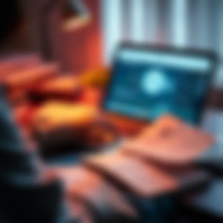 A person organizing tax documents related to cryptocurrency, with a laptop showing Koinly and a notebook filled with information.