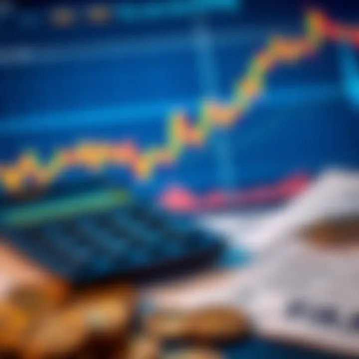 Cryptocurrency Tax Loss Harvesting A graph showing cryptocurrency price trends with a calculator and tax forms, illustrating tax-loss harvesting concepts.