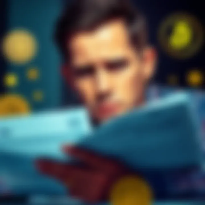 Crypto Tax Penalties Concept A person looking stressed while reviewing tax documents and cryptocurrency symbols, indicating late filing penalties