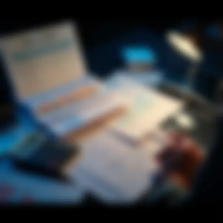 A person organizing financial documents and crypto transaction records on a desk with a calculator and laptop