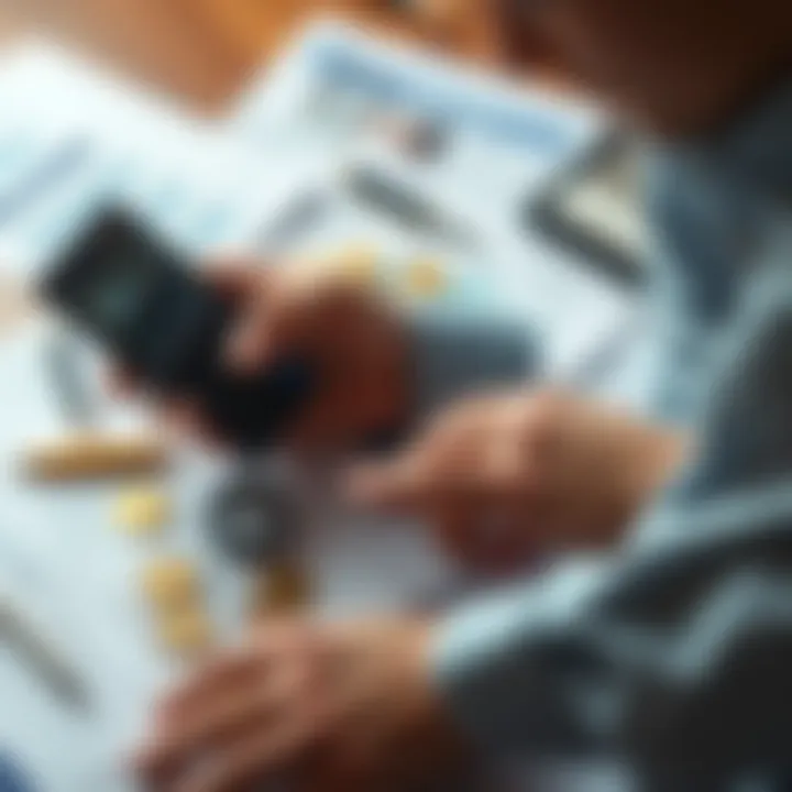 Crypto Tax Relief A person analyzing cryptocurrency transactions with a calculator amidst tax documents