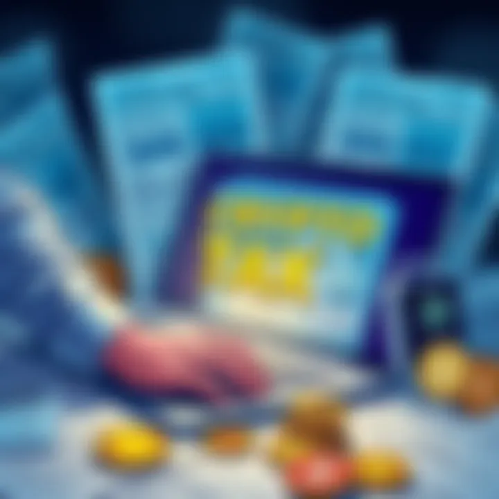 An illustration showing a person calculating crypto profits and losses on a laptop, surrounded by 1099 forms and cryptocurrencies.