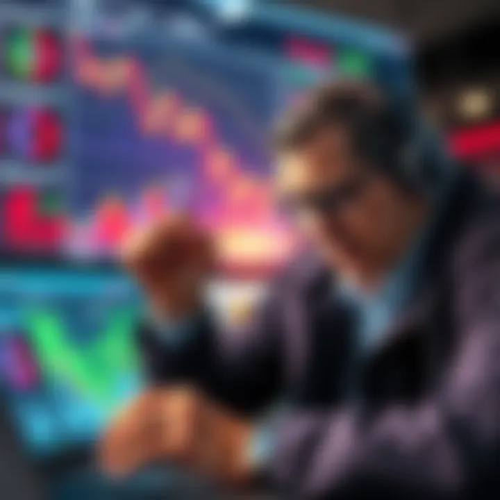 A frustrated trader analyzing crypto transactions with charts and graphs in the background.