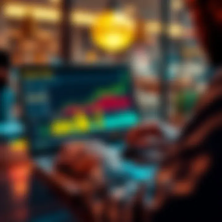 A business person uses crypto tax software on a laptop, showing graphs and financial data related to cryptocurrency payments.
