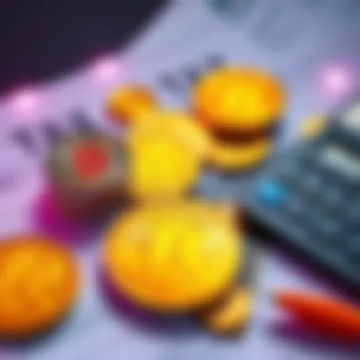 Crypto coins and tax forms A table with various cryptocurrency coins next to tax forms and a calculator, illustrating the impact of tax rules on spending.
