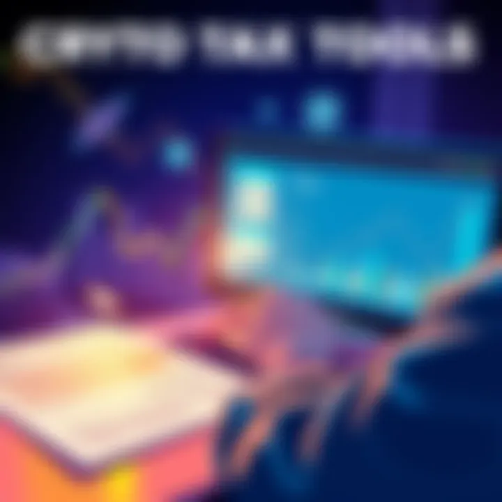 Crypto Tax Tools Illustration of a person using a computer with graphs and tax documents related to crypto