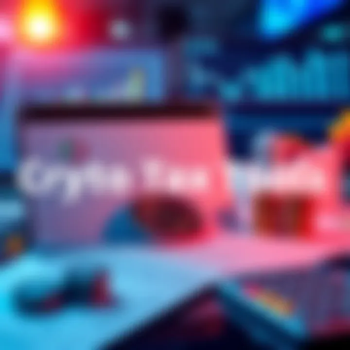 A graphic showing spreadsheets and tax software for tracking cryptocurrency taxes, with charts and calculators in the background.