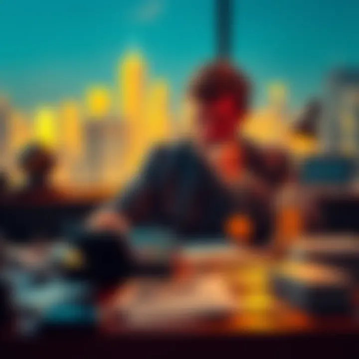 A person sitting at a desk with a calculator and cryptocurrency symbols, looking concerned about taxes.