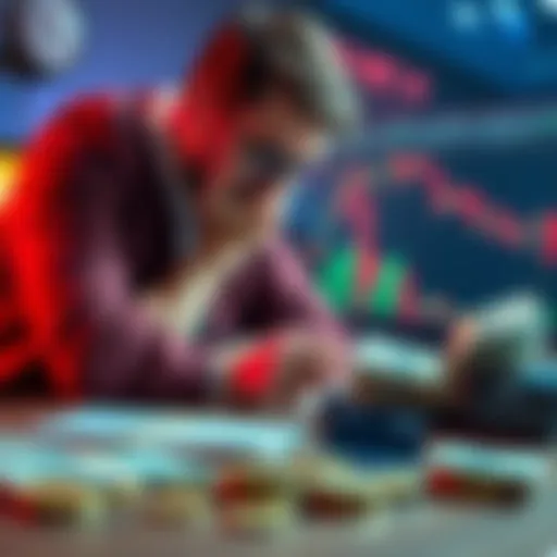 A frustrated investor looking at a declining crypto chart while contemplating conversion to cash, with debit cards and coins on the table.