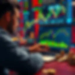 A person looking at stock charts on a laptop, with crypto coins on the table and stock market symbols in the background.